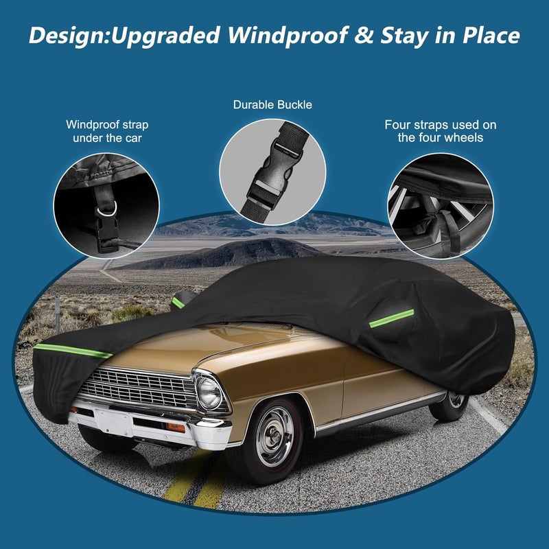 BIGACOVER Waterproof Car Covers for Chevrolet II Nova/Nova SS 350/350 SC Sedan/Coupe 1962-1974,420D Oxford Cloth Sun Heat Protection Outdoor Full Covers with Driver Side Zipper Windproof Heavy Duty All Weather - Image 3